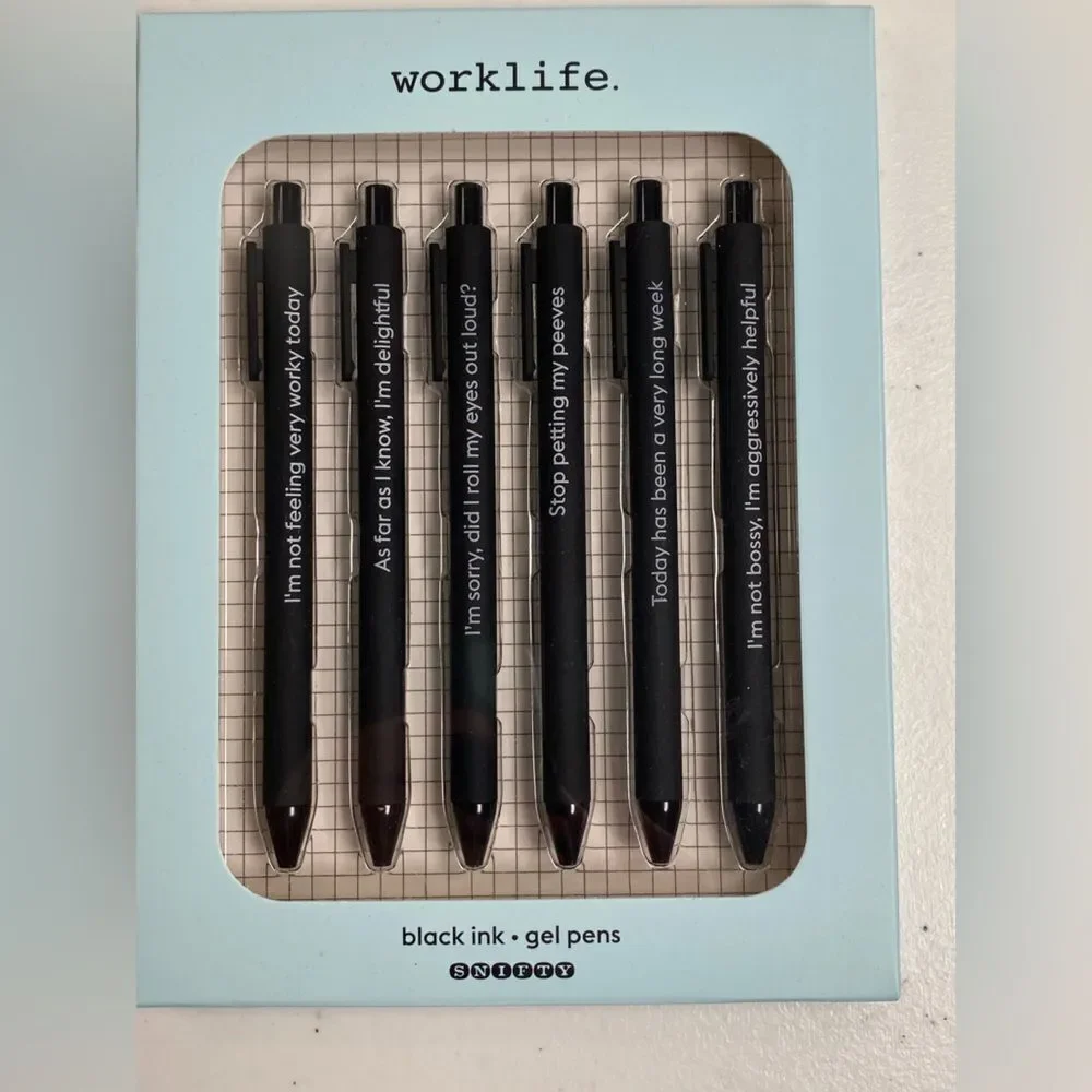 NOB Worklife Set of 6 Black Gel Pens with Humorous Quotes